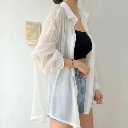 Women Shirt Long Sleeve Top Blouse Female Chiffon Loose Summer Cardigan Thin Sexy Solid Color Casual Shirt Outerwear Прозрачная
