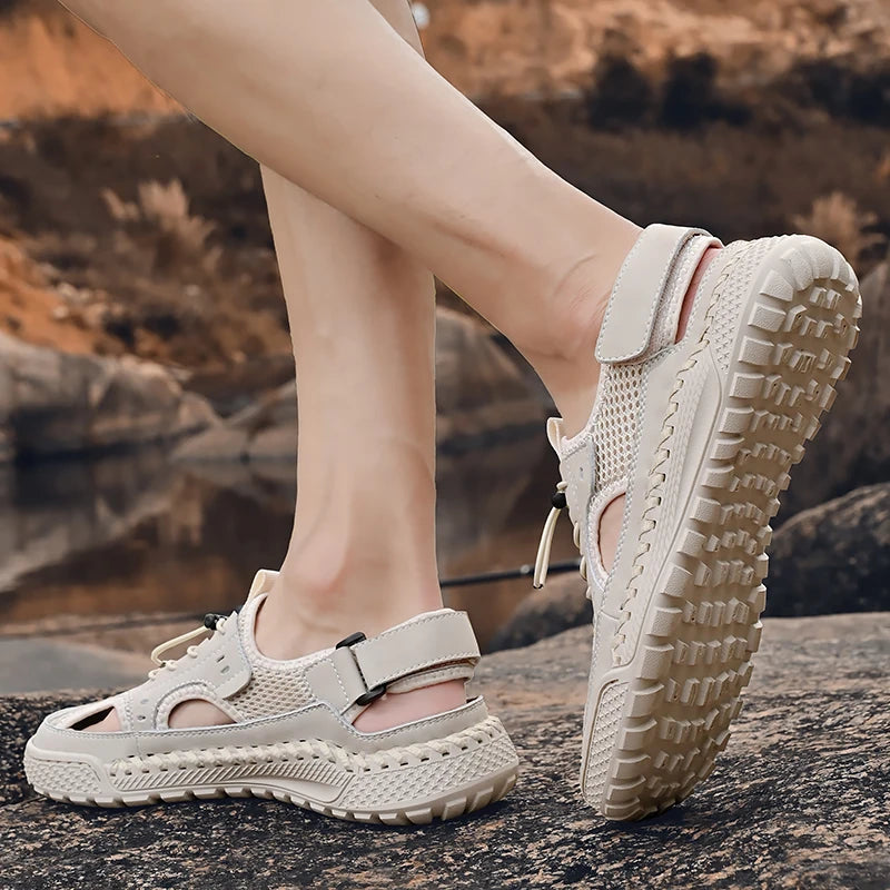 Sandals men's tide summer new style leather toe cap outdoor leisure sports hollow sandals beach shoes Handmade mesh men shoes