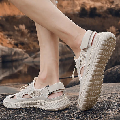 Sandals men's tide summer new style leather toe cap outdoor leisure sports hollow sandals beach shoes Handmade mesh men shoes