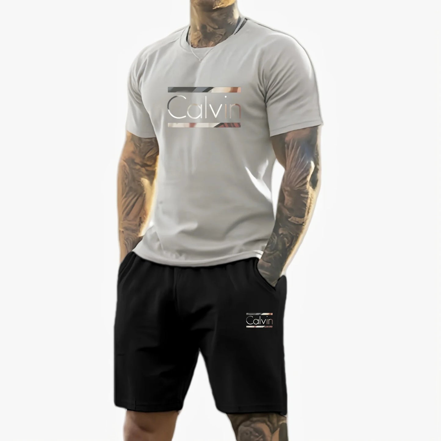 Men 2025 summer new casual sports suit Fashion breathable outdoor men's short-sleeved T-shirt + training shorts two-piece set