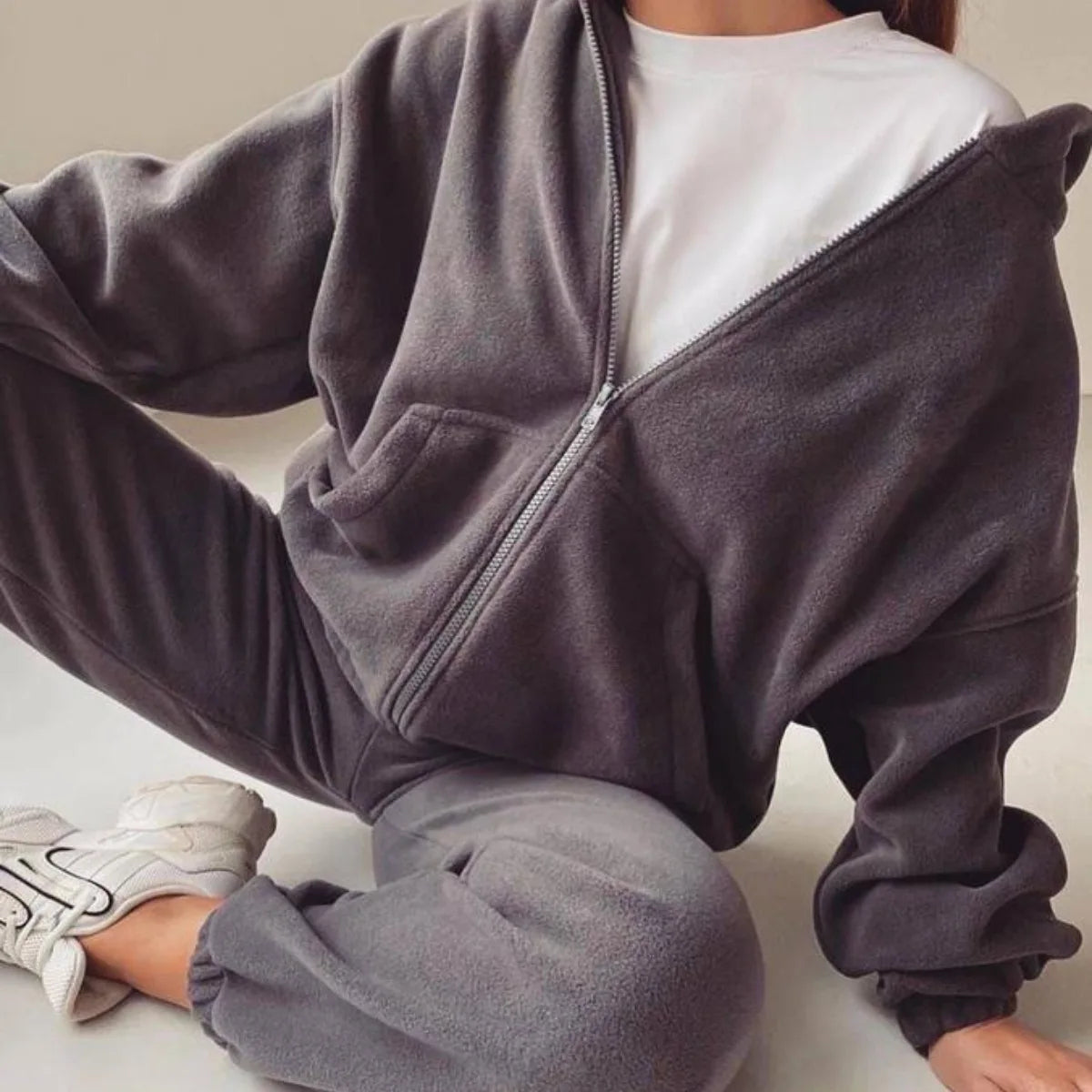 Frjálslegur konur Polar Fleece Hoodie Two Piece Sets Fashi