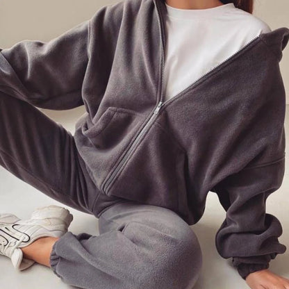 Frjálslegur konur Polar Fleece Hoodie Two Piece Sets Fashi