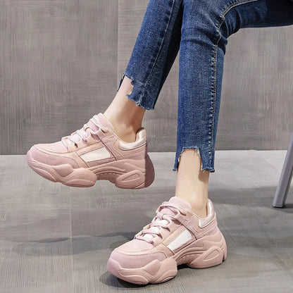 WOIZGIC Women's Female Ladies Genuine Leather Shoes Platform Lace Up Korean Sports Spring Autumn Breathable Vulcanized Shoes