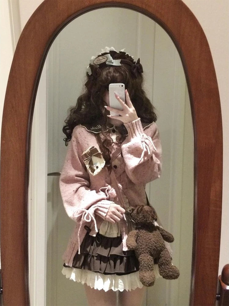 Doce Lolita Cardigans Mulheres Y2K Sweater Hollow Out suéter de bandagem Kawaii Pocket Pocket 2025 Japonês Casual Streetwear Tops JK Tops