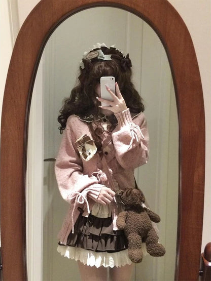 Doce Lolita Cardigans Mulheres Y2K Sweater Hollow Out suéter de bandagem Kawaii Pocket Pocket 2025 Japonês Casual Streetwear Tops JK Tops