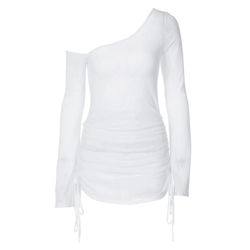 Dulzura Einheitlicher Schrägkragen Ruch-Gurte Schnüre auf Blick durch Zeichnen String Mini Kleid 2025 Sommer Frauen Party Clubwear Großhandel Großhandel
