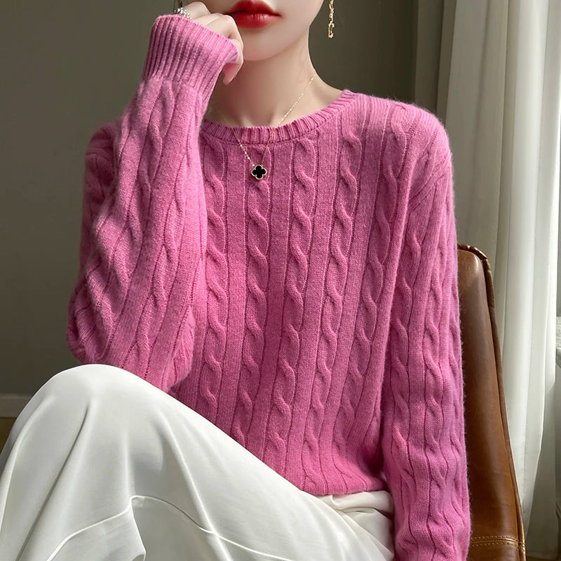 Autumn and Winter round Neck Loose Thick Women's Twist Knitted Sweater Long Sleeve Pullover Bottoming Shirt Lazy Top