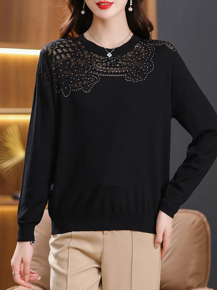 YISU Women Loose Sweater 2023 Autumn Winter O-Neck Long Sleeve Jumper Fashion Hollow Pattern Knitted Pullover Sweater Women