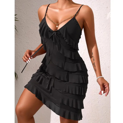 Sexy Night Dress Multi Layered Ruffles Pajamas Dress Golden Chain Pearls Nightgown Mesh Suspender Nightie Home Wear Tiered Skirt