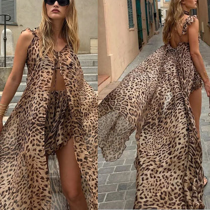 Été pour la femme 2025 Robe de vacances à la plage Ensemble de robe en mousseline de mousseline licou robe longue robe léopard à imprimé léopard élégant tenue décontractée