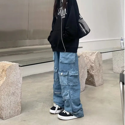 Trendowa dżinsowa odzież robocza | Street Style Black & Grey Multi-Pieszeńskie dżinsy | American Casual High Pary Funkcjonalny projekt