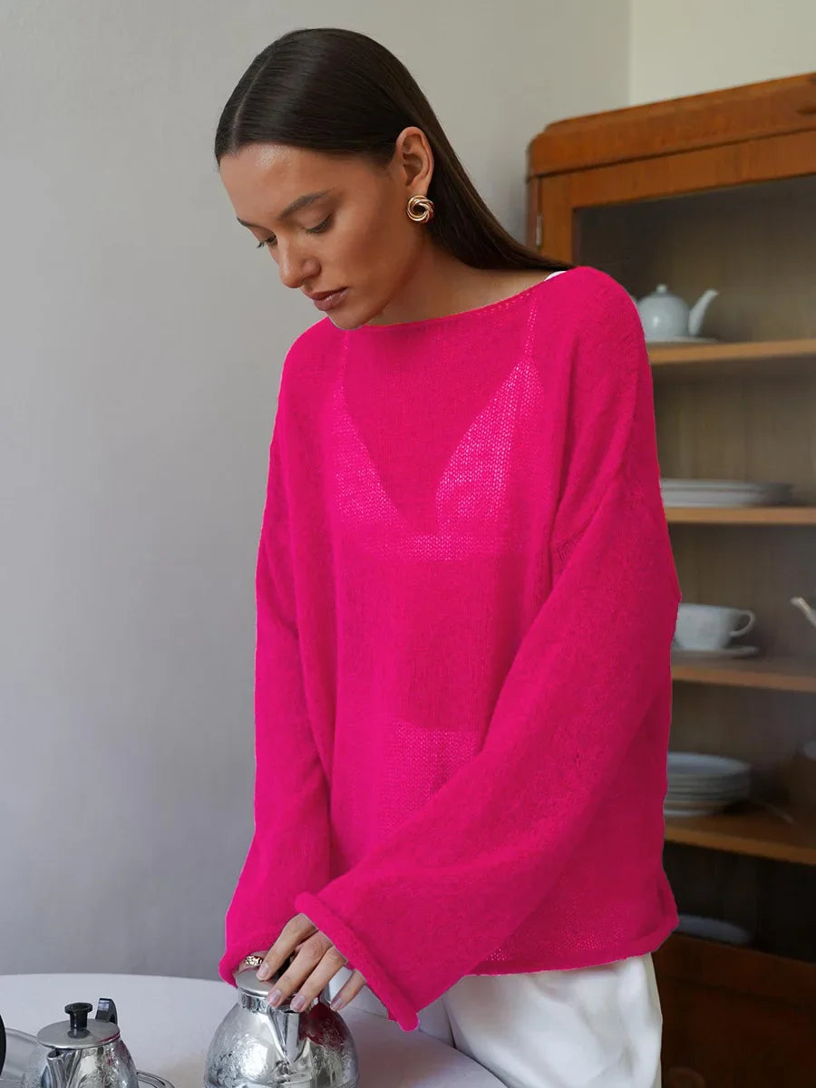 Talenza Hollow Knitted Sweater Pullover Women's Solid See-through O-Neck Long Sleeve Knitted T-Shirt Loose Casual Pullover 2025