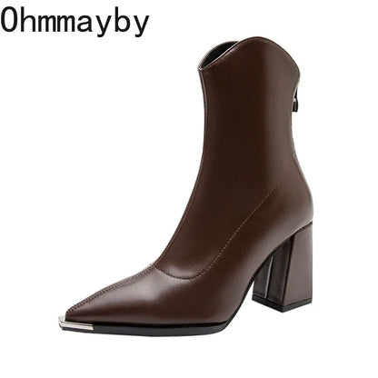 Šiljasti nožni nožni prljačice za gležnjeve modni patentni zatvarači kratki botas dame elegantne kvadratne visoke pete zima ženska obuća