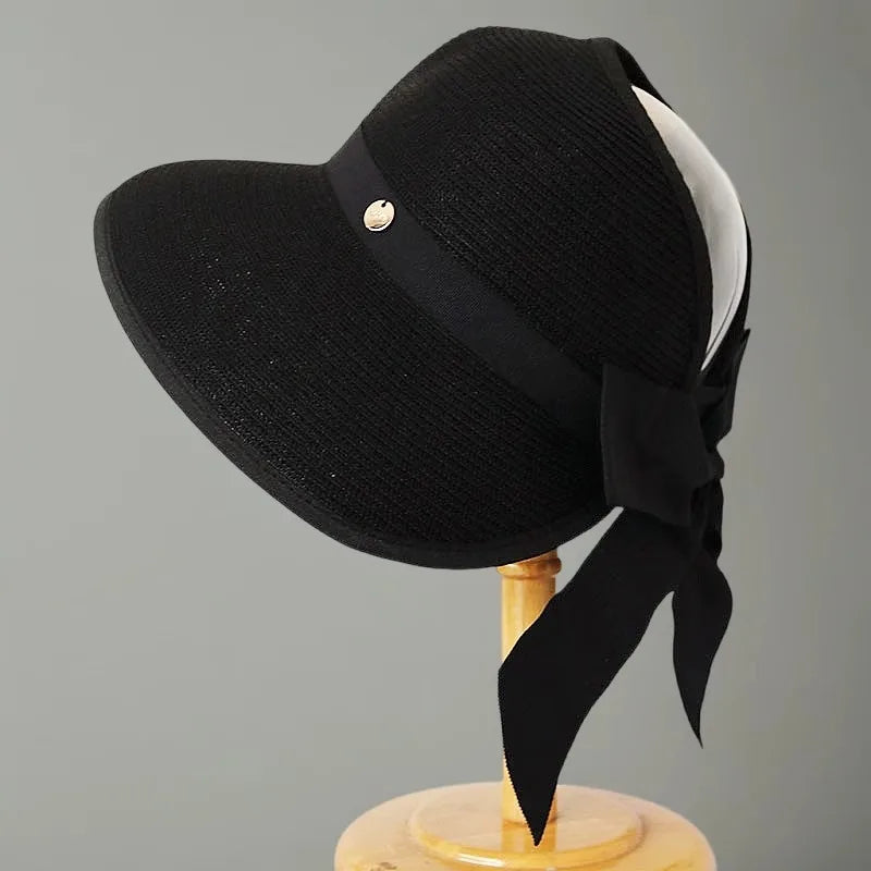 Women's Handmade Summer Sun Hat, Big Black Bow, Large Eaves Beach Straw, Nature Cap, Temperament Flat Collapsible Hat