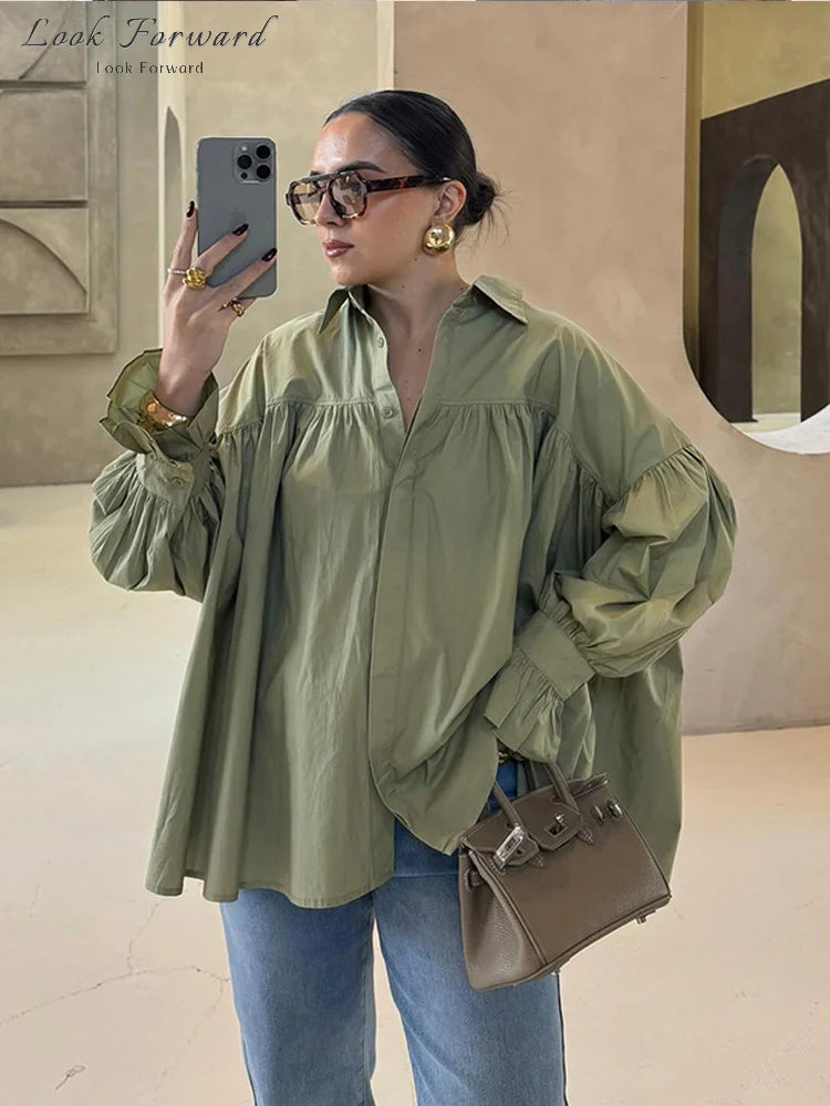 Casual Shirts Women Loose Lantern Sleeve Buttons Turn-Down Collar Pleated Blouse Lady Spring Summer Green Shirts Woman All-match