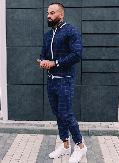 2025 Herbst Herum Männer Tracksuit 2pc Set Plaid Zipper Sweatshirt Jacke Langes Hosen Freigelegte Fitnessstudio Running Jogging Outfit Fleece Sportswear