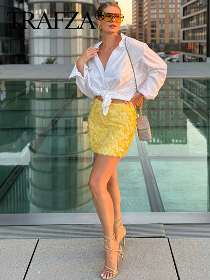 Trafza Sexy Woman Sequins Falda de cintura alta versátil Mini faldas delgadas Zipper 2025 Summer Beach Style Skirt Y2K