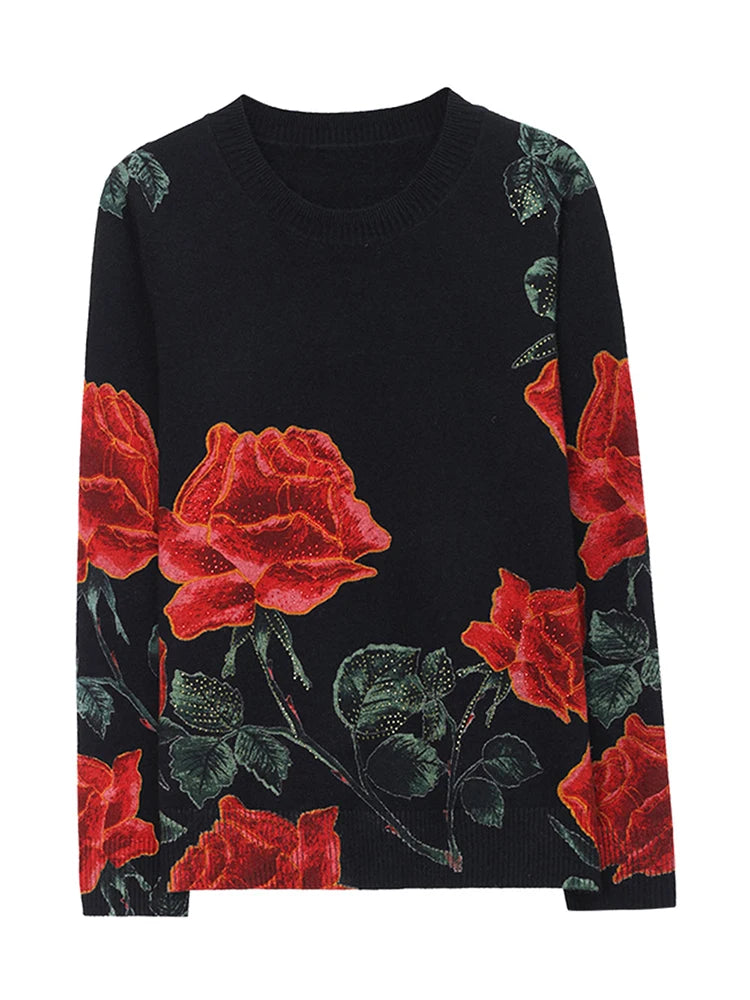 YISU Fashion Women Sweater O-Neck Knitted pullove long sleeves Female Casual Loose soft Rose printing Women clothing