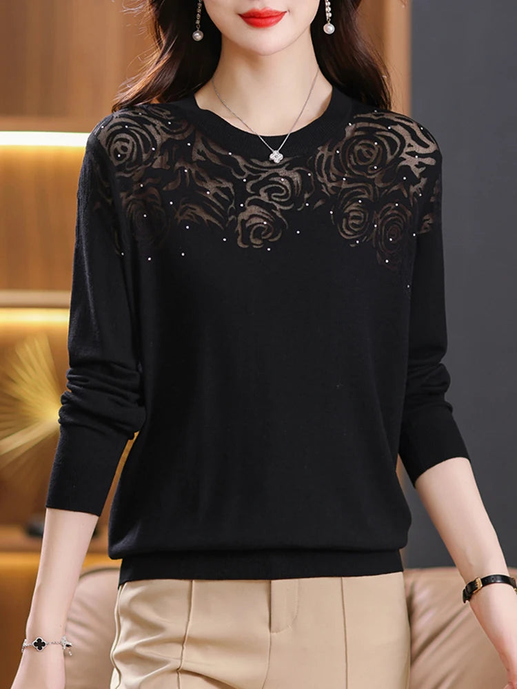 YISU Women Loose Sweater 2023 Autumn Winter O-Neck Long Sleeve Jumper Fashion Hollow Pattern Knitted Pullover Sweater Women