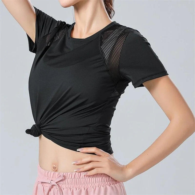 Pofybofy Mesh Stitching Reflectiv Strip Back Dry Dry Elastic Elastic Respirabil de bază cu mânecă scurtă cu mânecă Yoga Tricou Femei Gimnastică Fitness Top