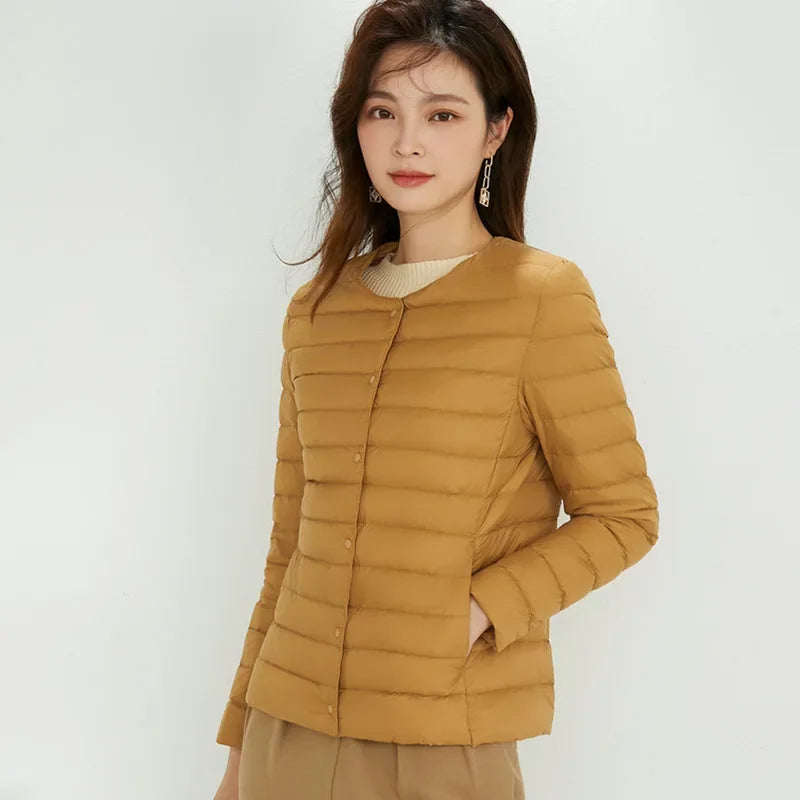 2024 Fall Spring Autume Collarless Light Quilted Puffer Coat New Women Liner Duck Down Jacket O-neck Variable V-neck Female