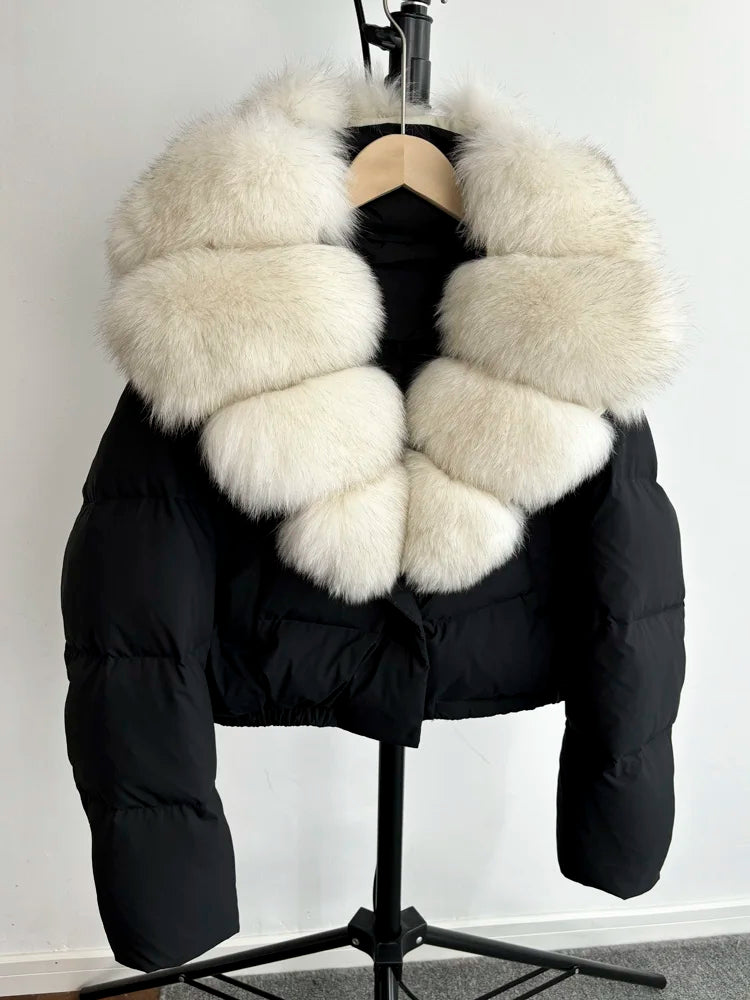 Janveny Big Natural Fox Fur Coat Women 2025 Autumn Winter Female Parkas 90% White Duck Down Jacket Feather Short Puffer Coat