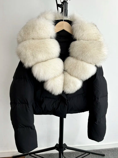 Janveny Big Natural Fox Fur Coat Women 2025 Autumn Winter Female Parkas 90% White Duck Down Jacket Feather Short Puffer Coat