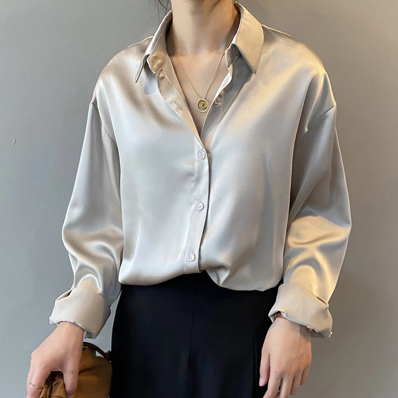 Spring Fashion Button Up Satin Seidenhemd Vintage Bluse Frauen weiße Tops Lady Long Sleeves weibliche losen Straßenhemden 11355