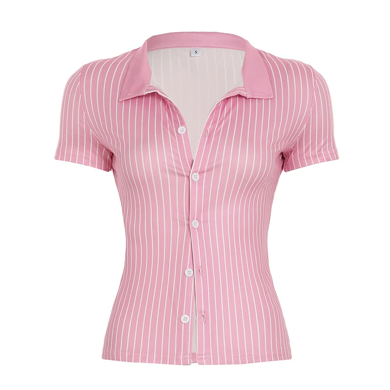 Sweetown Blue Stripe Short Sleeve Shirts For Women Button Up Slå krave Slim Enkel afslappet Preppy Tops Basic Summer Tees
