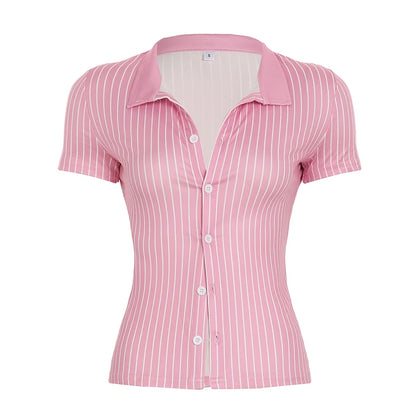 Sweetown Blue Stripe Short Sleeve Shirts For Women Button Up Slå krave Slim Enkel afslappet Preppy Tops Basic Summer Tees