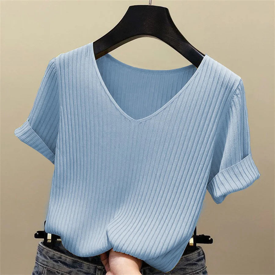 Bluse kvinner blusas mujer de moda verano kort erme bluse v-hals strikket bluse skjorte topper kvinner blusas df4907