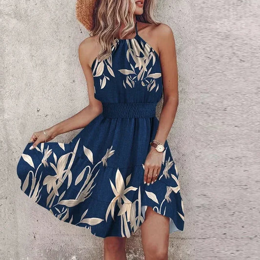Summer Floral Print Mini Dress Women Sexy Halter Short Dresses For Women Casual Sleeveless  Beach Holiday Dress Boho Style Femme
