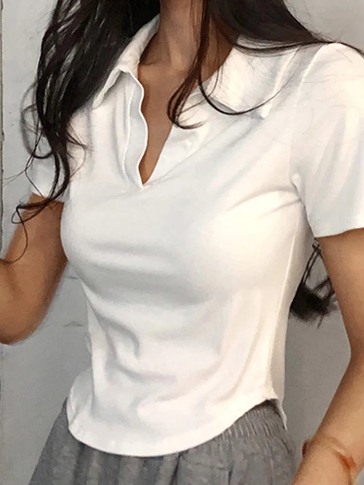 Summer Short Sleeve Lapel Top Women's Solid V-hals tröjor Retro söta skjortor Hot Girl Crop Top Kvinnlig Slim Merveile Tee