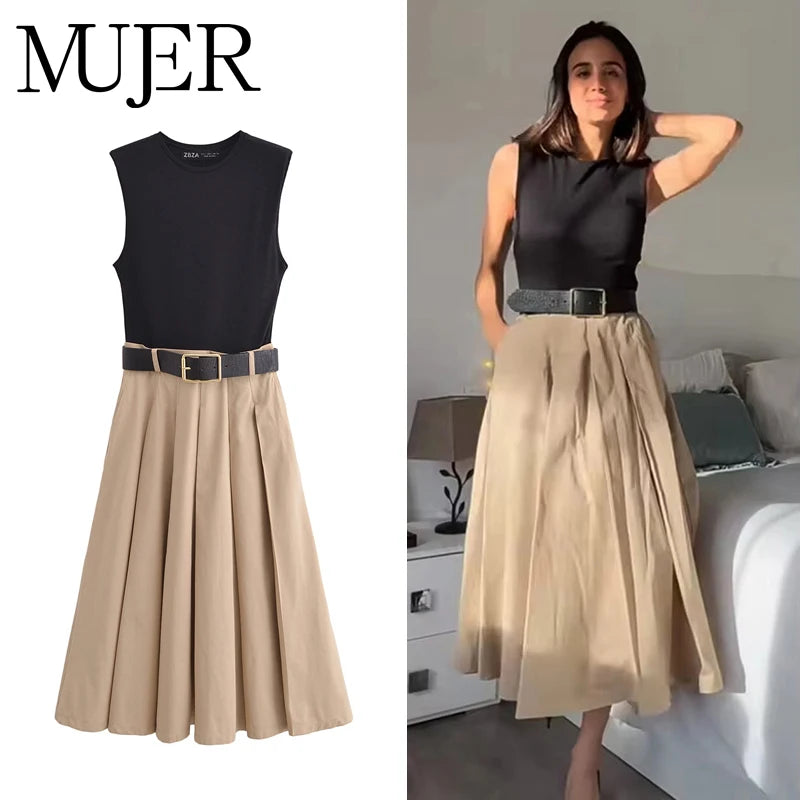 Mujer 2025 Frau Kleider Gürtel Plissee Midi Kleiderinnen Frauen ärmellose Sommerkleid Frau Strickpartykleider für Frauen Sunddress