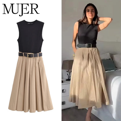 Mujer 2025 Frau Kleider Gürtel Plissee Midi Kleiderinnen Frauen ärmellose Sommerkleid Frau Strickpartykleider für Frauen Sunddress