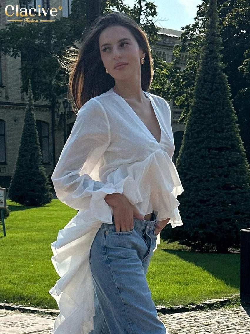 Clacive sexy camicia da donna bianca sciolta 2025 camicie a maniche lunghe a v-collo