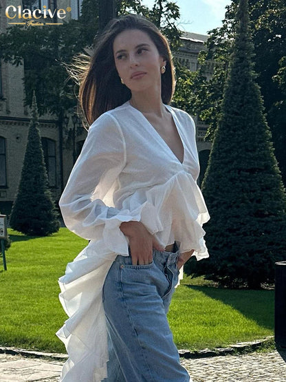 Clacive sexy camicia da donna bianca sciolta 2025 camicie a maniche lunghe a v-collo
