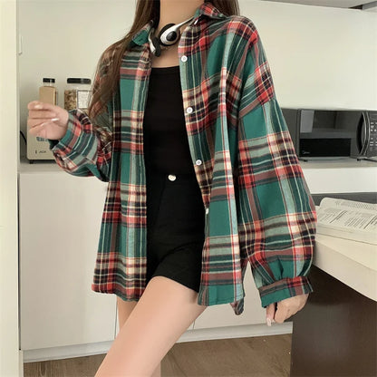 Koszula w kratę Kobiety jesienne długie rękawie Top żeńska moda moda pojedyncza piersi panie w stylu Preppy Style luźne koszule