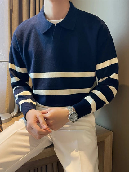 Efterår enkel lapel stribet sweater til mænd afslappet vintage koreansk mode strikstøj top ny y2k løs strikket pullover jumper