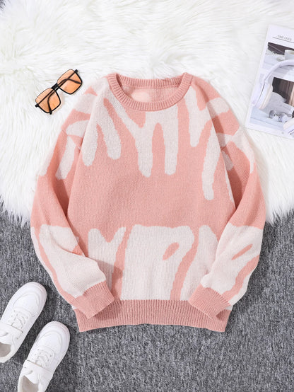 New Popular Autumn Winter Irregular Jacquard Pattern Pullover Sweater Casual Round Neck Contrast Color Knitted Men's Pullover