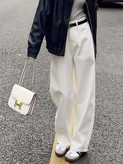 「MD」Loose White Wide Leg Jeans Women Drape High Waist Straight Wide Leg Pants Mopping Pants